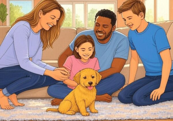 Happy family with puppy
